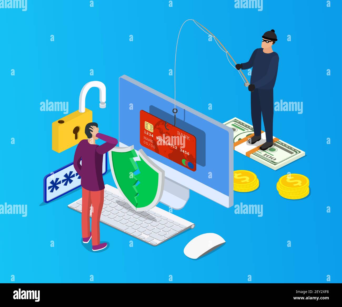Concept d'attaque de phishing et de piratage sur Internet. Illustration de Vecteur