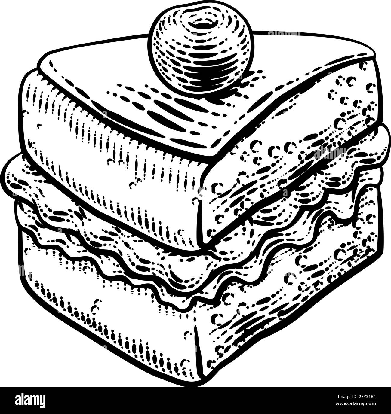 Gâteau Eponge Slice Jam Cream Woodcut dessin Illustration de Vecteur