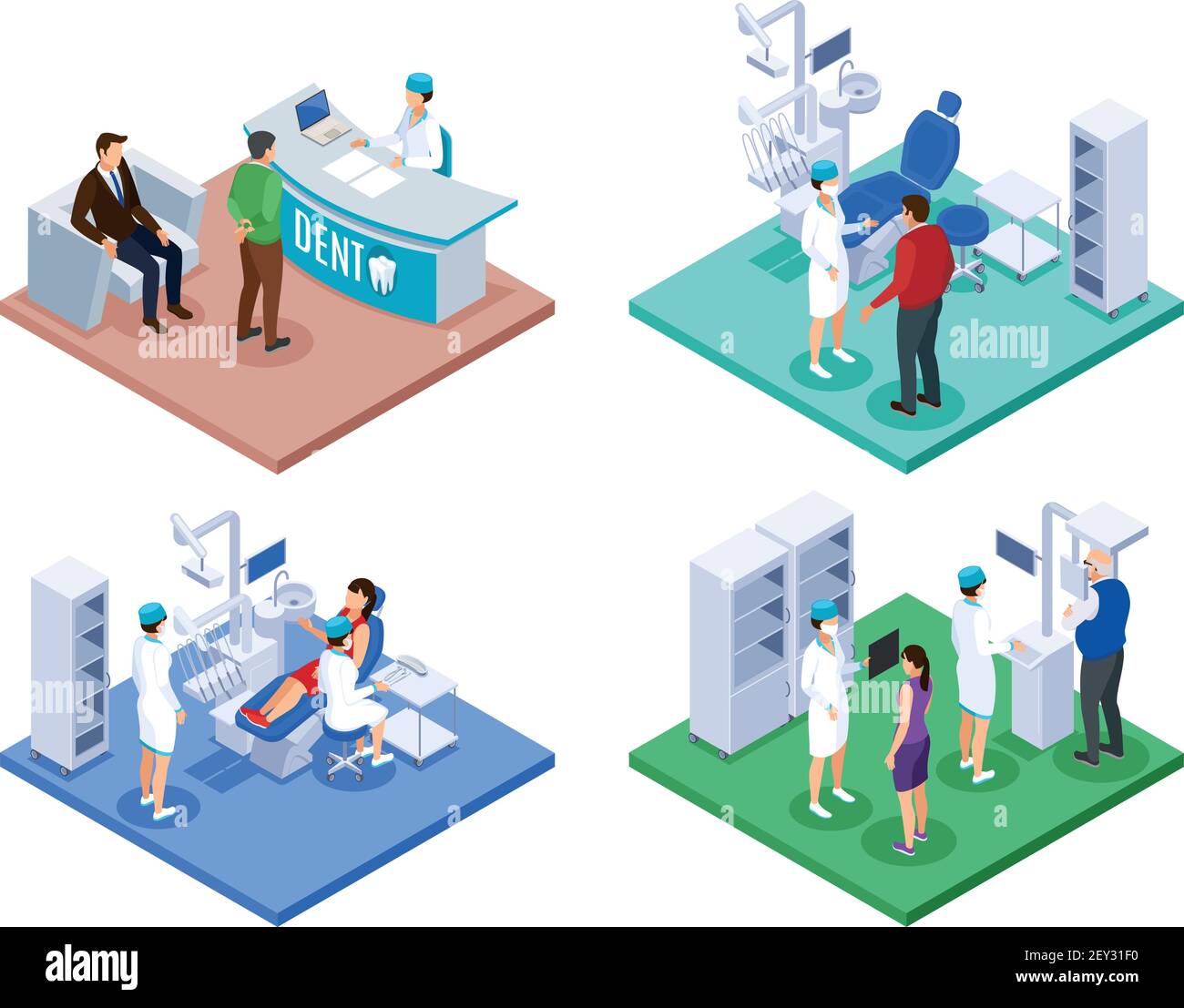 Cabinet de dentiste concept 4 compositions isométriques avec contrôle de bureau de réception procédure conseils prescription illustration du vecteur d'acquisition 3d Illustration de Vecteur