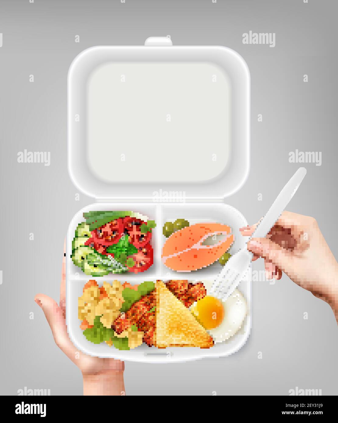 Boîte à lunch jetable ouverte en plastique avec salade de saumon, œufs de bacon et fourche à main illustration réaliste du vecteur de composition Illustration de Vecteur