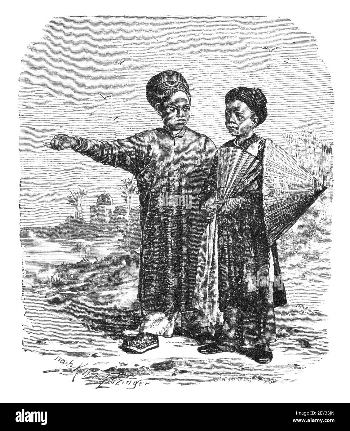 Enfants d'Annam, Vietnam d'aujourd'hui. Culture et histoire de l'Asie. Illustration ancienne vintage noir et blanc. 19e siècle. Banque D'Images