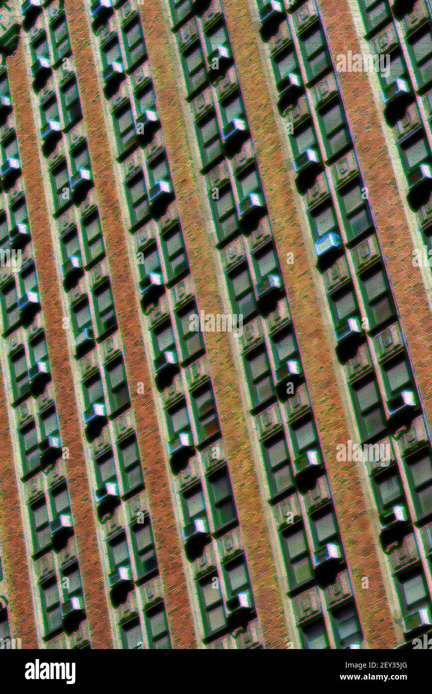 Un photoshop rendu du côté d'un immeuble d'appartements dans Midtown Manhattan avec des climatiseurs dans chaque baie vitrée. Banque D'Images