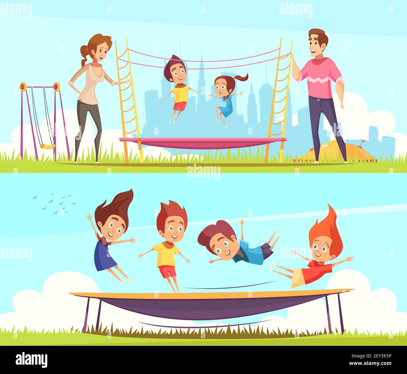 Ensemble de deux banderoles horizontales de trampolines sautant avec personnages humains illustration vectorielle des amis adolescents et des membres de la famille Illustration de Vecteur