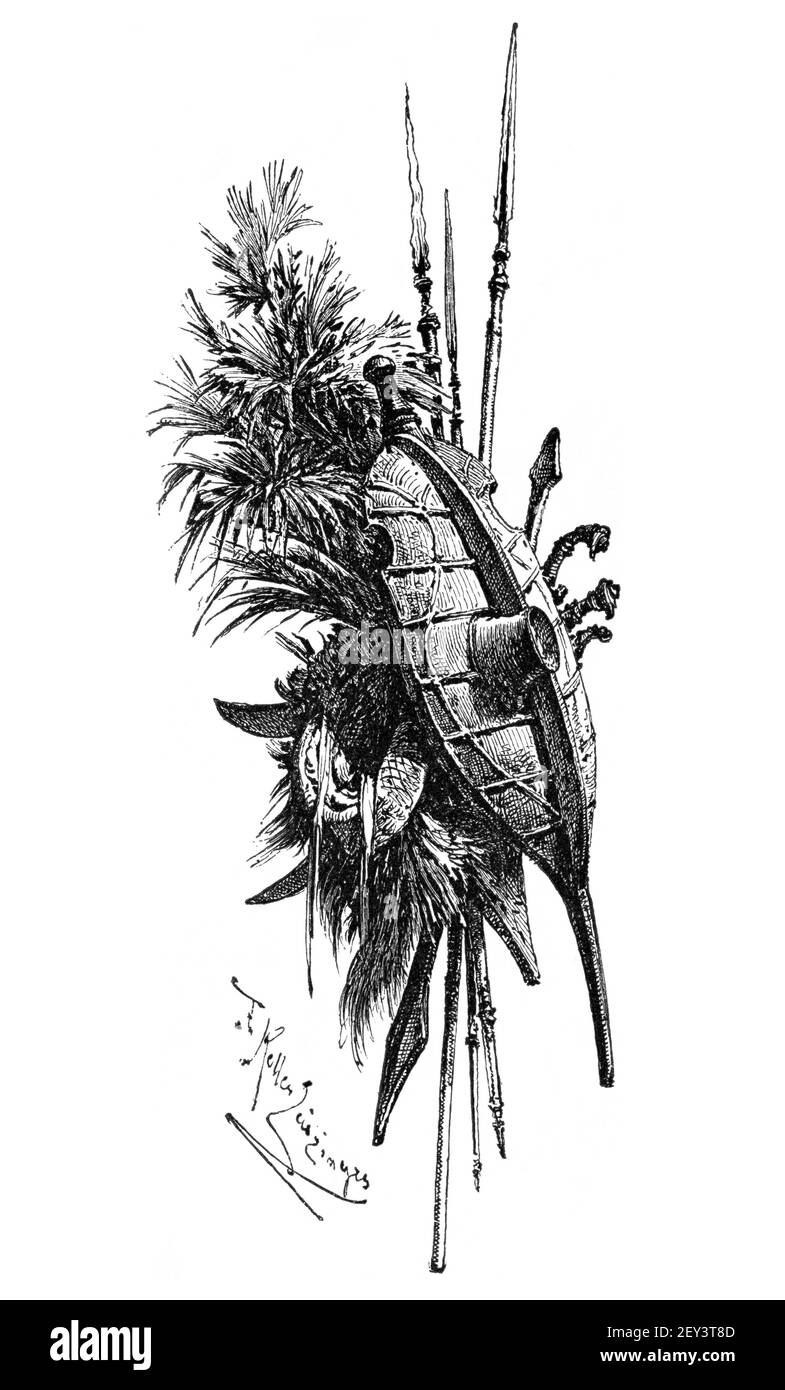 Armes, épées, lances et boucliers de Nias, Sumatra, Indonésie. Culture et histoire de l'Asie. Illustration ancienne vintage noir et blanc. 19e siècle. Banque D'Images