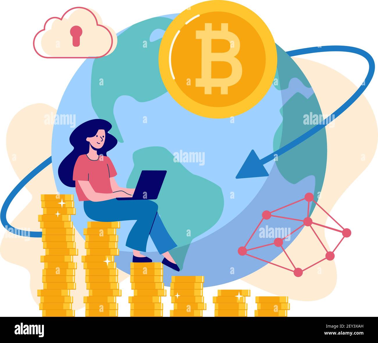 La jeune fille exploite la crypto-monnaie sur le fond de la planète.  Technologies blockchain sur le marché monétaire. Illustration vectorielle  bitcoin de style plat Image Vectorielle Stock - Alamy