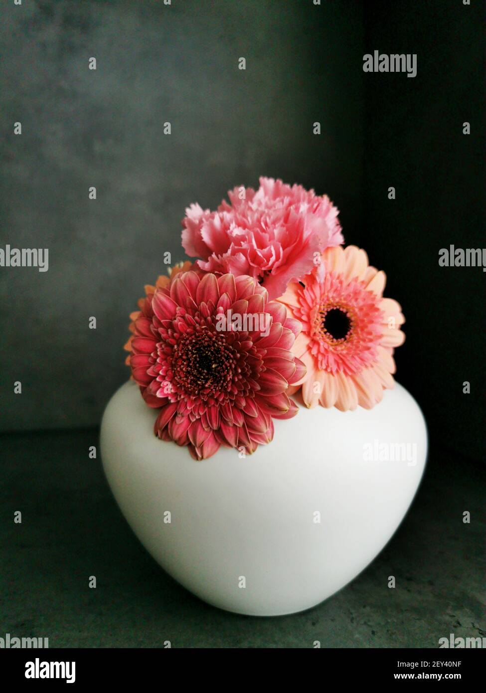 Une photo verticale de magnifiques gerberas colorés dans un blanc vase Banque D'Images