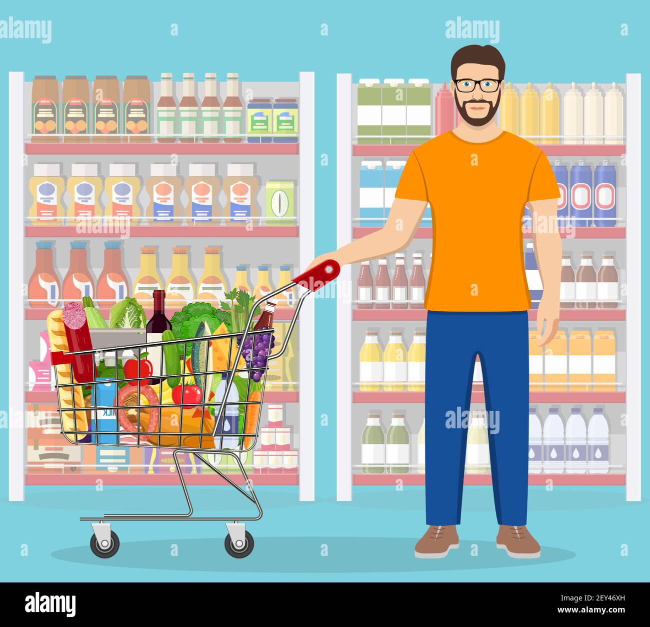 Un jeune homme qui magasinent pour acheter des produits d'épicerie Illustration de Vecteur