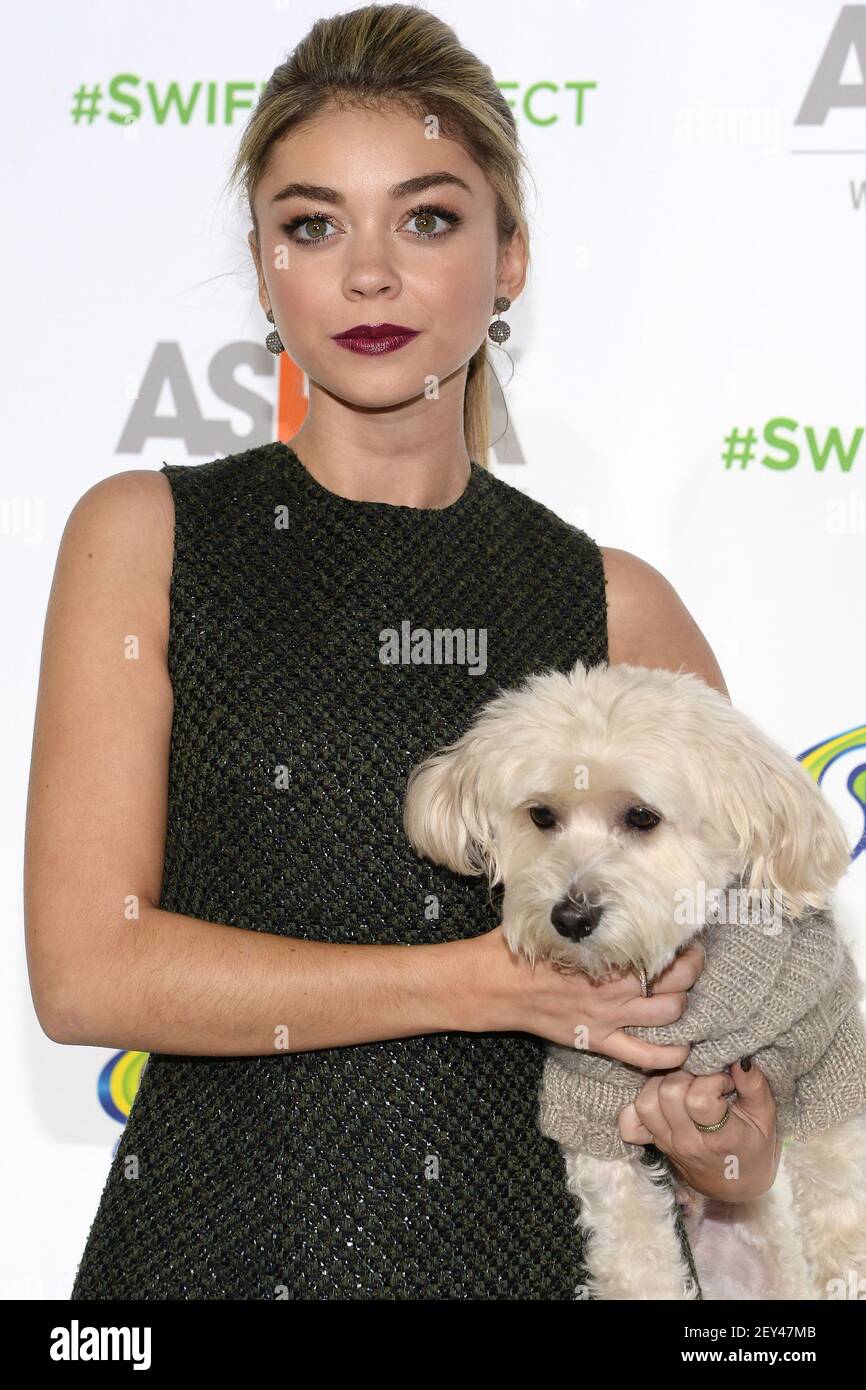 L'actrice Sarah Hyland tient son chien alors qu'elle se joint à Swiffer et  à l'ASPCA pour célébrer « l'adoption d'un animal de compagnie et faciliter  la vie avec UN nouvel animal de