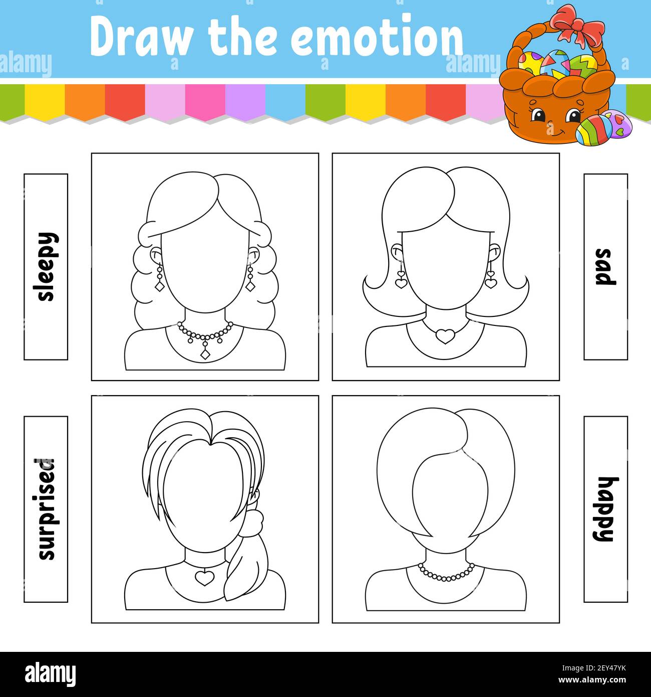 Dessinez l'émotion. Fiche de travail remplir le visage. Livre de coloriage pour enfants. Caractère joyeux. Illustration vectorielle. Silhouette de contour noire. Isolé sur Illustration de Vecteur