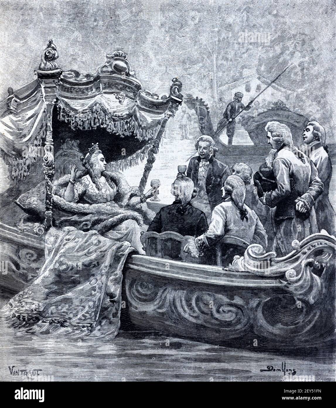 Catherine II, ou Catherine la Grande (1729-1796), impératrice de toute la Russie, dans la Barge royale sur la Volga Moscou Russie 1896 Vintage Illustration ou Old Engraving Banque D'Images