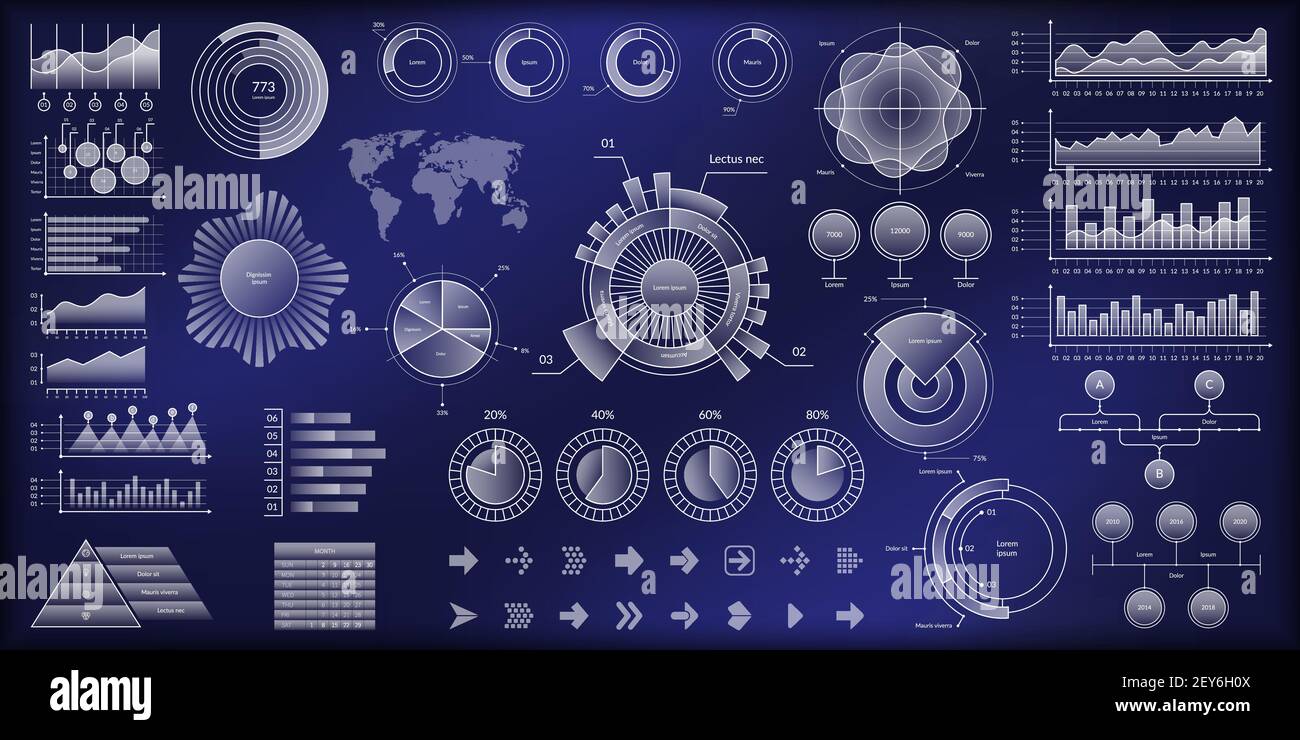 Jeu d'interfaces utilisateur virtuelles futuristes HUD.Éléments de conception de vecteur UI - graphiques, diagrammes, graphiques.Peut être utilisé pour les applications mobiles, les infographies et les jeux. Illustration de Vecteur