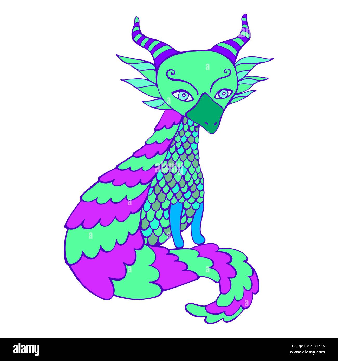 Drôle petit conte de fées Dragon coloré assis avec une belle queue spiralée, isolé sur fond blanc. Carte de dessin animé avec mignonne magique fantastique a Illustration de Vecteur