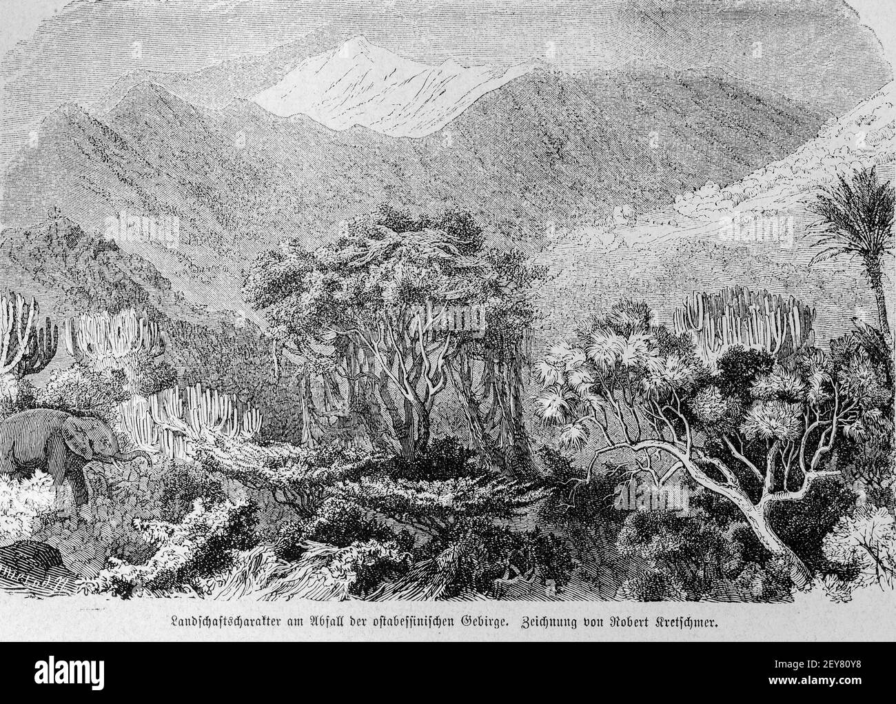 Paysage près des pentes des montagnes est Abyssiniennes, Richard Antree, Abyssina, Ethiopie, Afrique de l'est, Abessinien, Land und Volk, Leipzig 1869 Banque D'Images