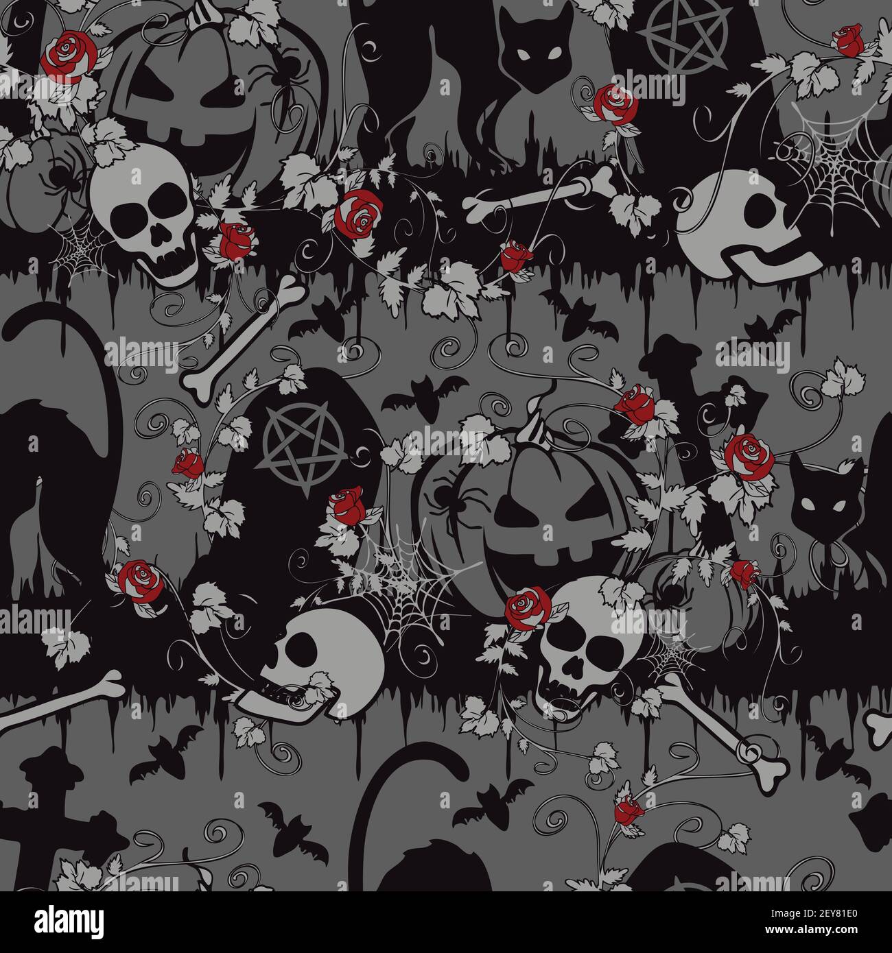 Motif vectoriel sans couture avec roses rouges dans le cimetière sur fond gris. Papier peint d'Halloween gothique avec citrouille et chat noir. Symbole de congé. Illustration de Vecteur