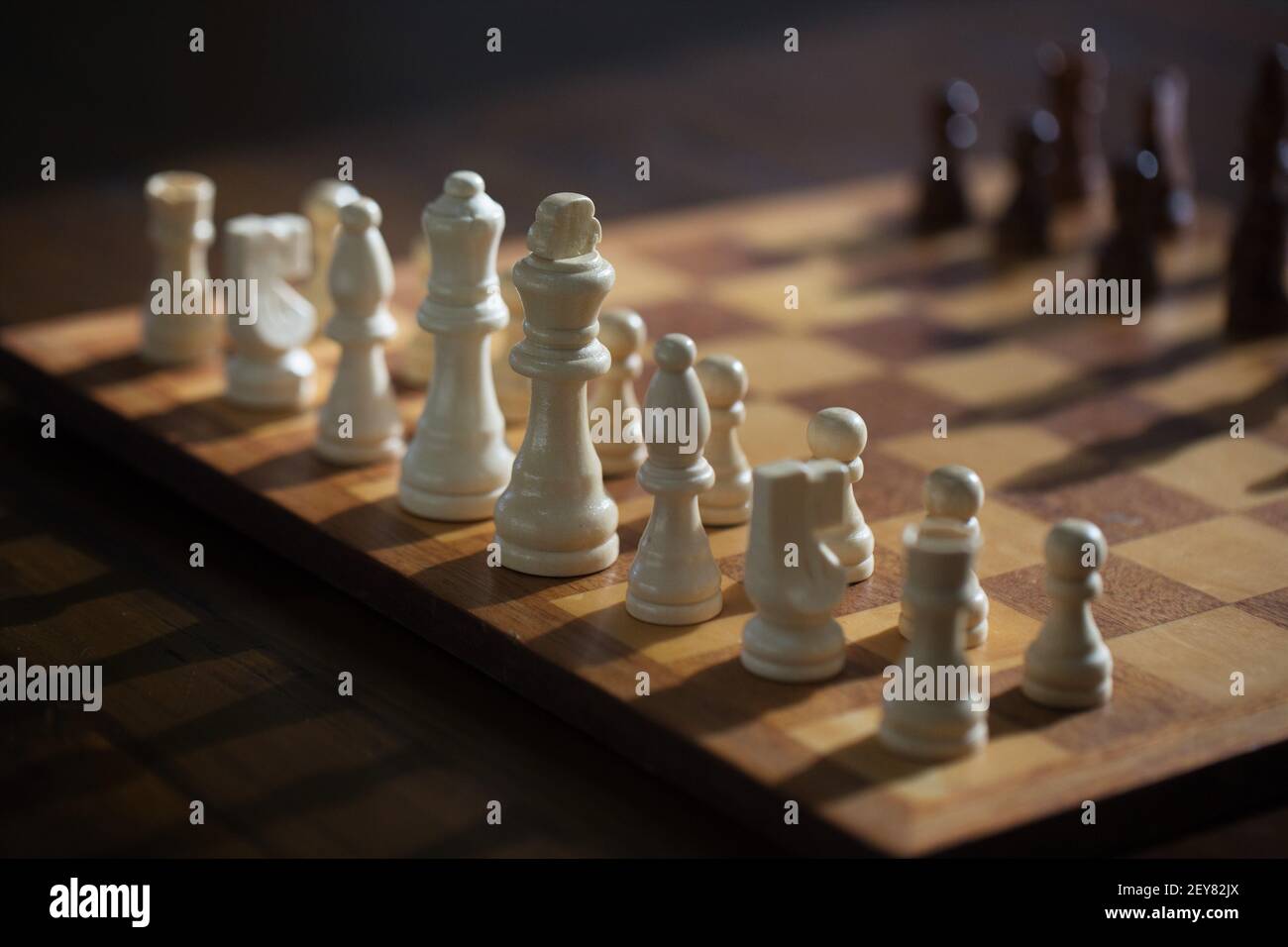 Pièces d'échecs sur un plateau d'échecs jetant de longues ombres. Banque D'Images