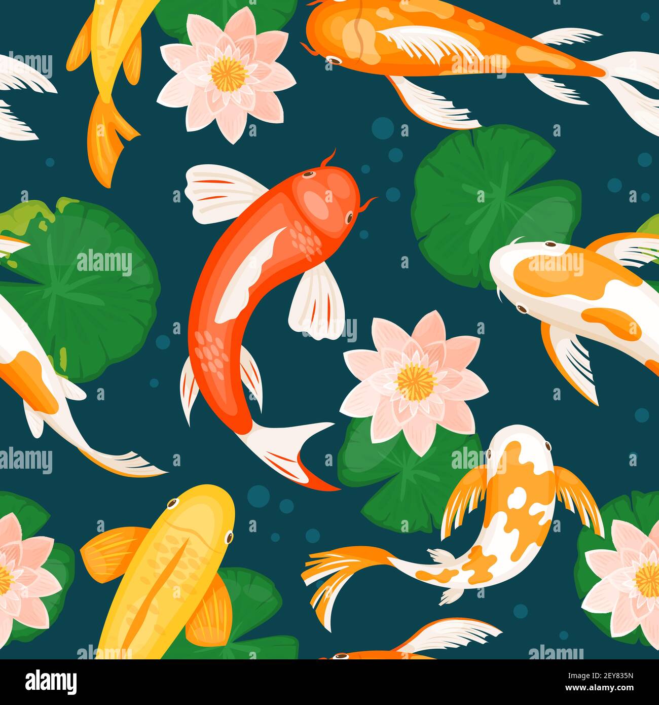Les poissons carpes koï nagent dans l'eau bleue avec des fleurs de nénuphars, un motif japonais sans couture Illustration de Vecteur