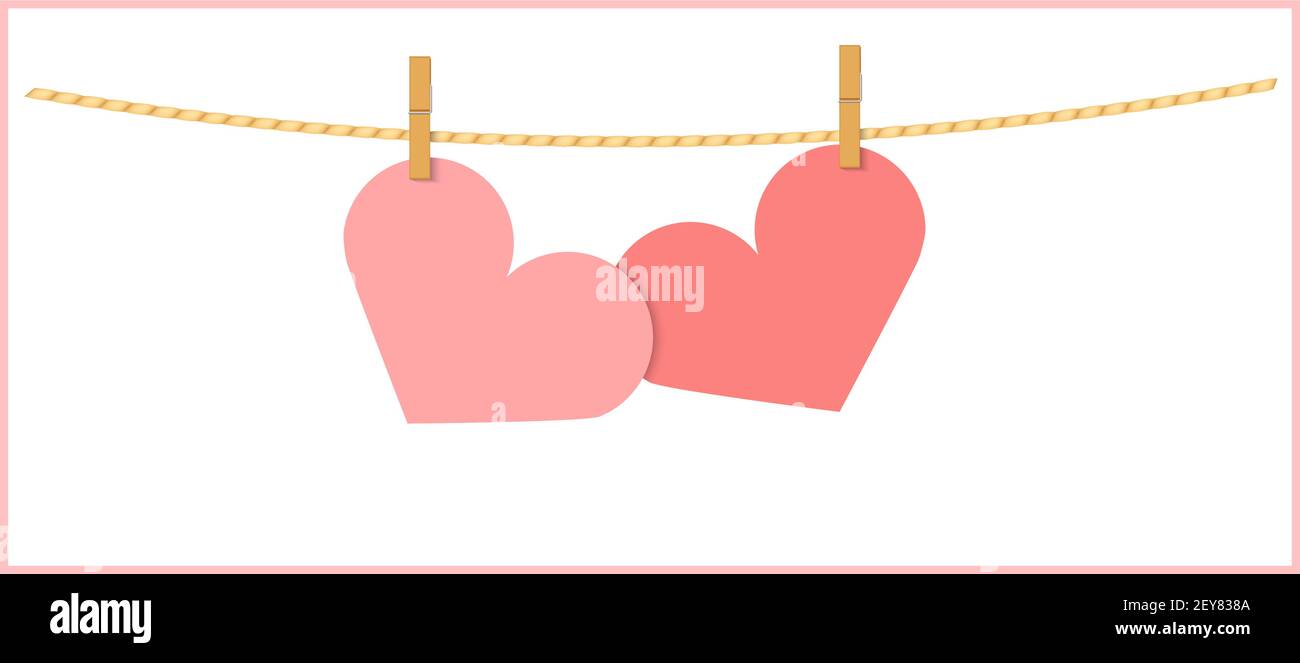 Deux papiers roses en forme de coeur suspendus avec une corde à linge. Illustration de note vectorielle avec espace de copie sur fond blanc. Saint Valentin salutation c Illustration de Vecteur
