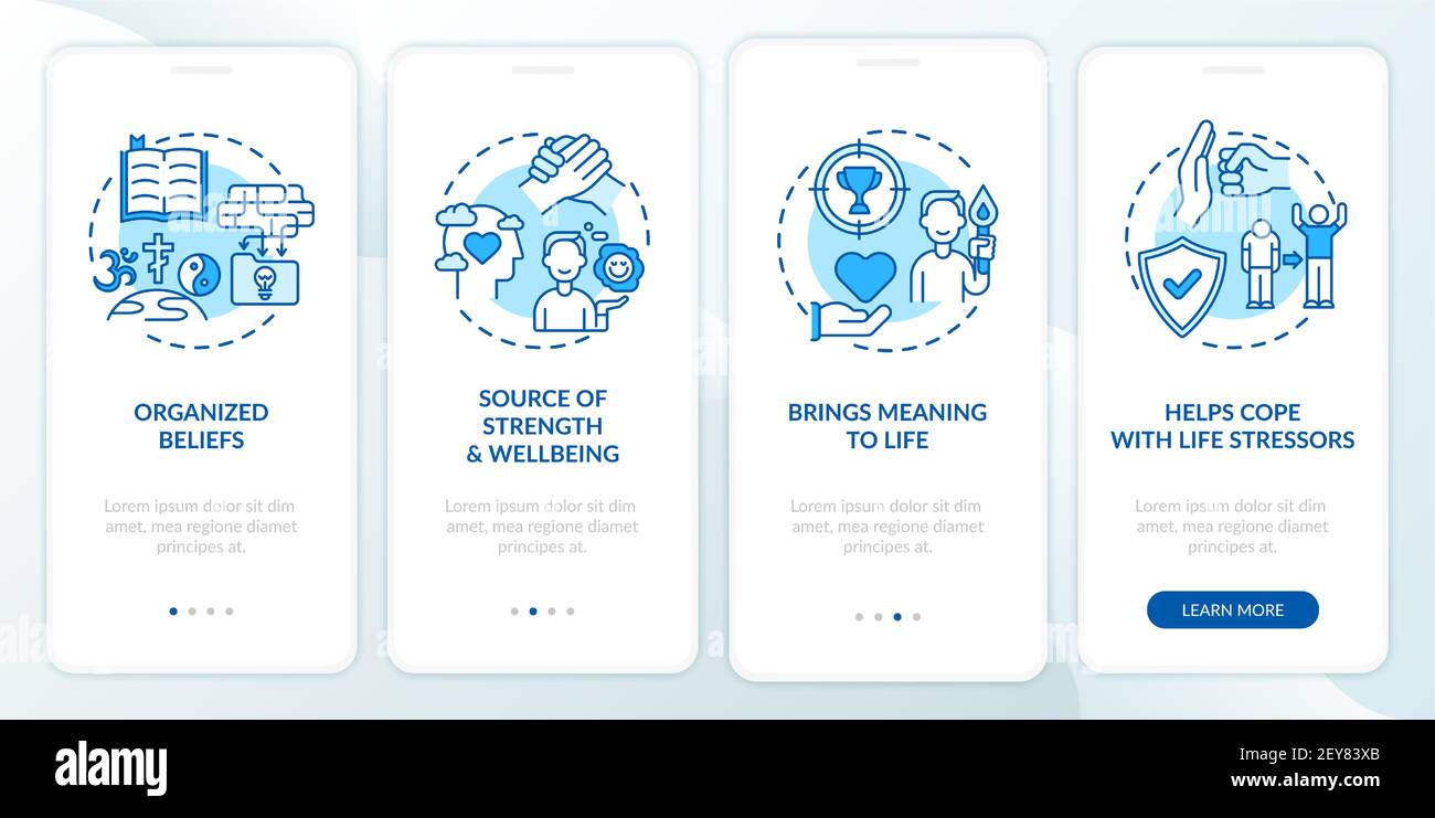 L'application mobile d'intégration de la foi religieuse affiche un écran bleu sur la page avec concepts Illustration de Vecteur