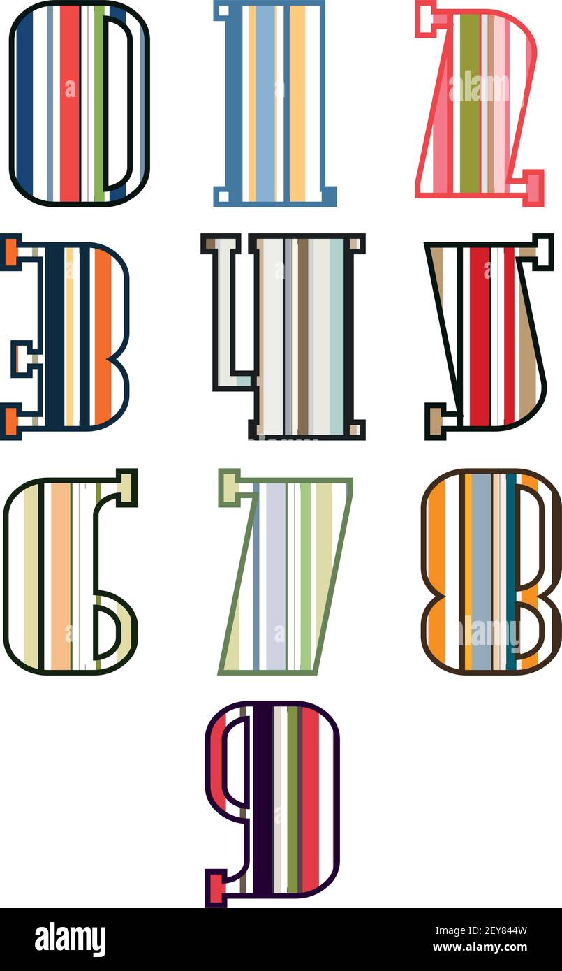 Des chiffres colorés à rayures isolés sur fond blanc. Éléments pour cartes ou lettres pour enfants de style rétro ou vintage. Un, deux, trois, quatre, cinq, si Illustration de Vecteur Des chiffres colorés à rayures isolés sur fond blanc. Éléments pour cartes ou lettres pour enfants de style rétro ou vintage. Un, deux, trois, quatre, cinq, si Illustration de Vecteur