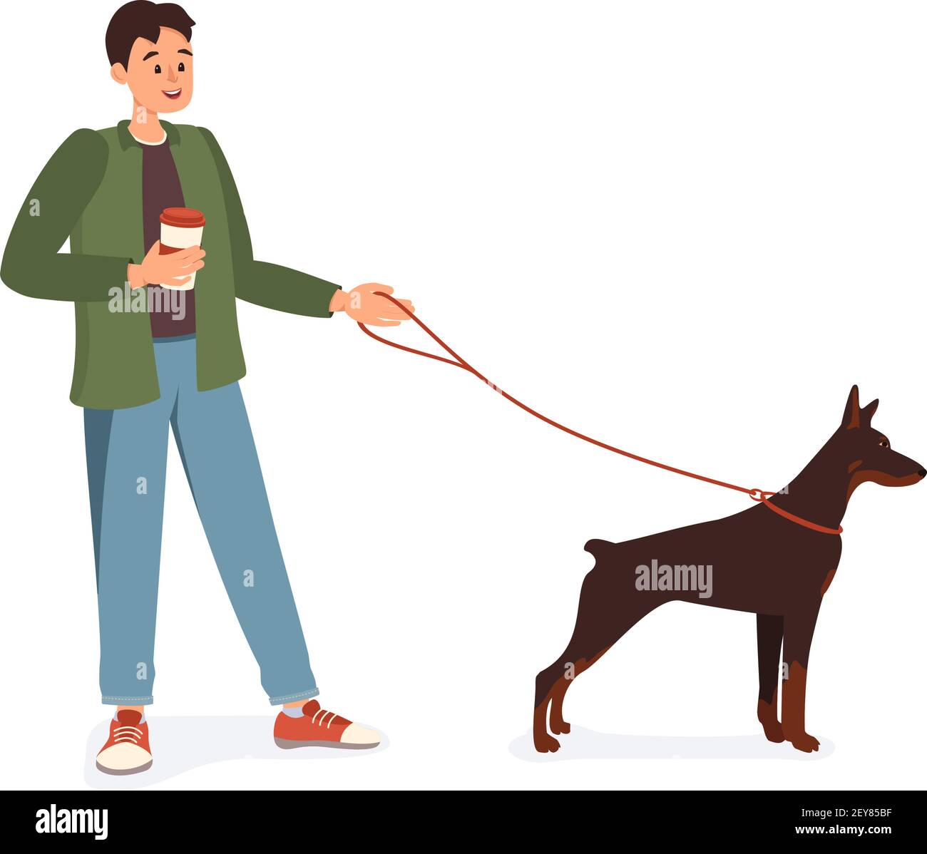 Un homme avec une tasse de café dans sa main Marche le chien Doberman Illustration de Vecteur