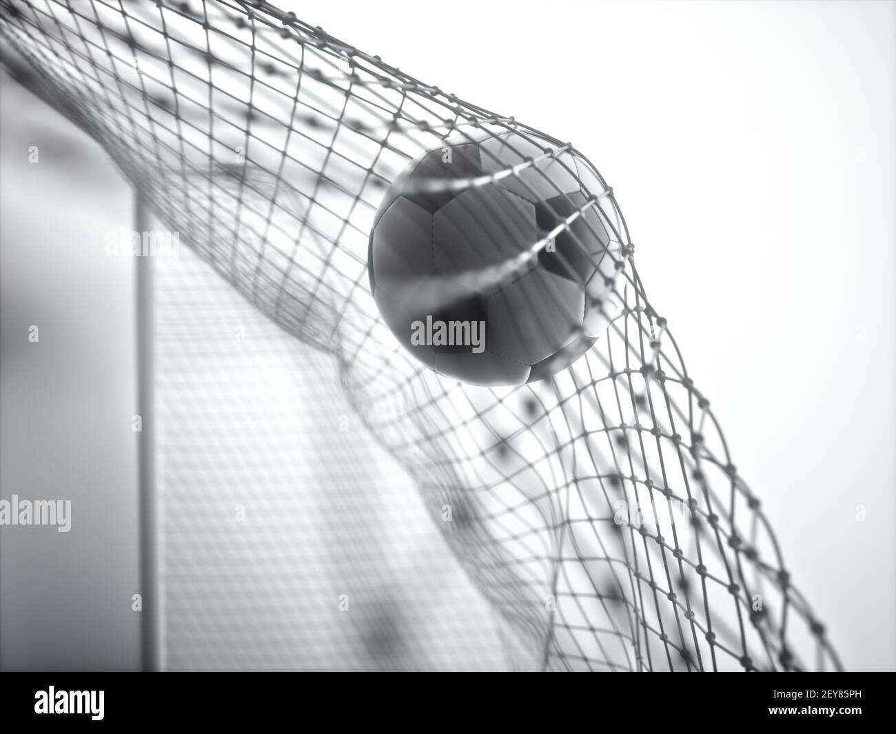 Ballon de football, marquant le but et déplaçant le filet. Illustration 3D, sur fond blanc. Banque D'Images