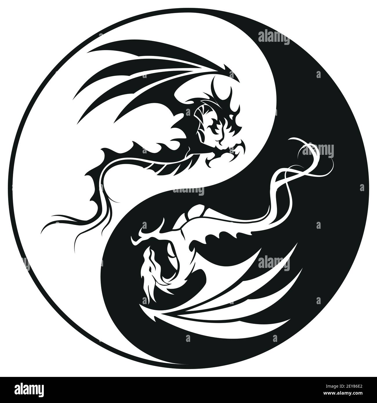 Dragons dans le cercle Yin et yang - tatouage symbole Dragon, illustration vectorielle noir et blanc, isolée sur fond blanc Illustration de Vecteur