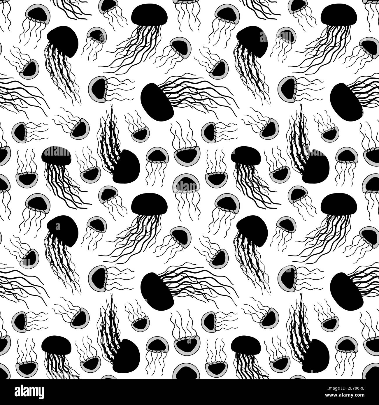 Blanc noir sans couture répétition sans fin silhouette motif de dessin animé Doodle vector Jellyfish. La gelée de mer ou d'océan a de longs tentacules. Les animaux sont Illustration de Vecteur