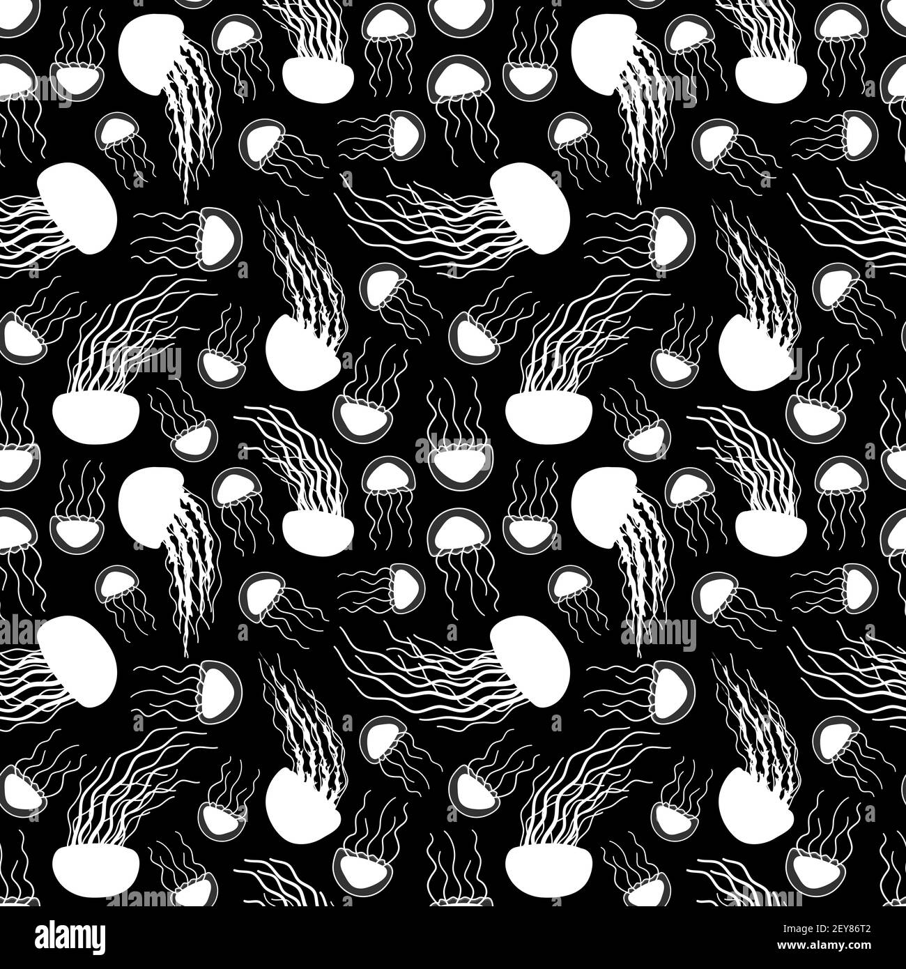 Sans couture répétition sans fin motif de silhouette noir blanc contour Doodle dessin animé Jellyfish. La gelée de mer ou d'océan a de longs tentacules. Les animaux sont Illustration de Vecteur