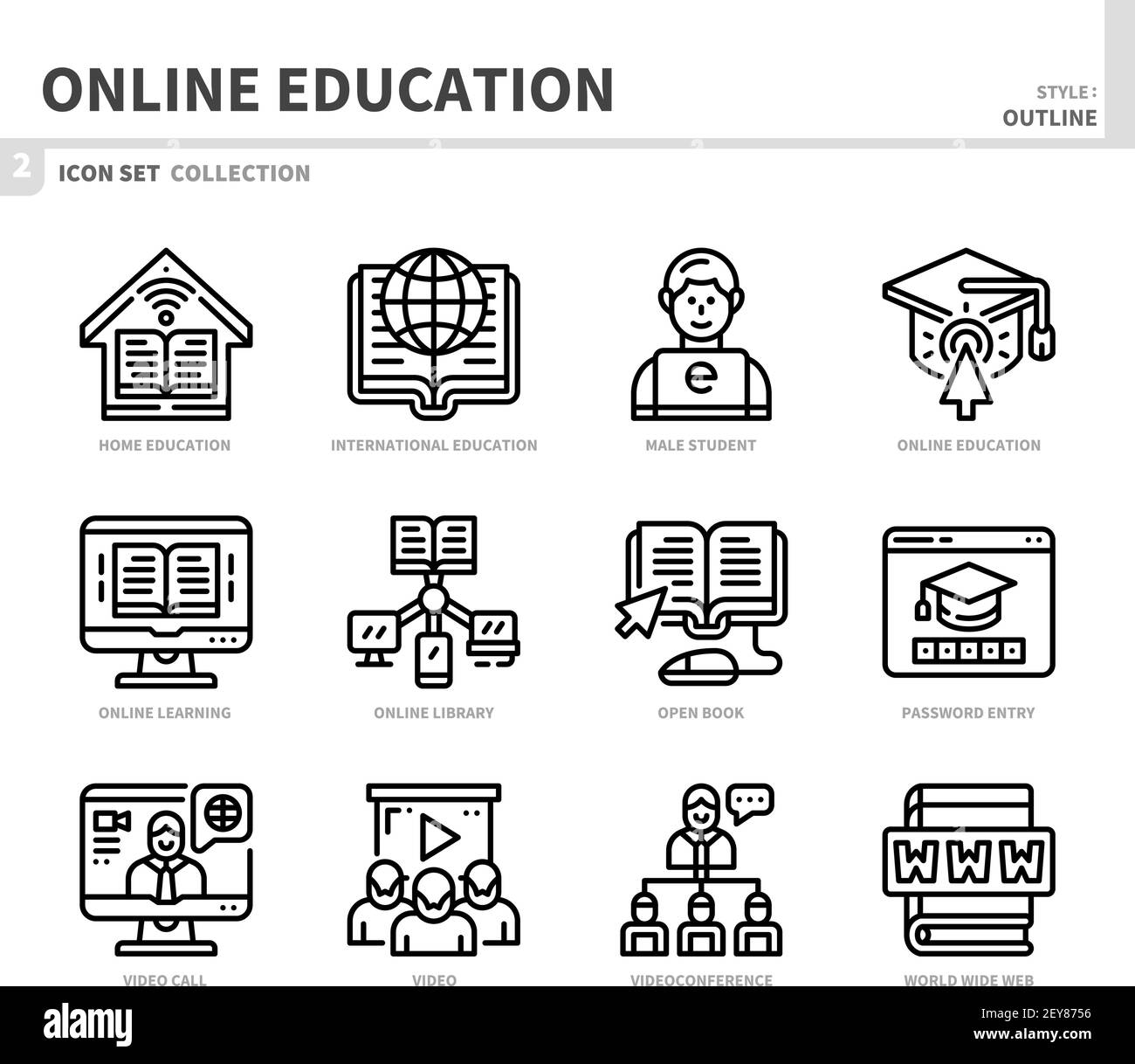 jeu d'icônes d'éducation et d'apprentissage en ligne, style de contour, vecteur et illustration Illustration de Vecteur