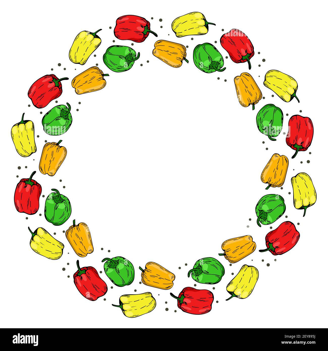 Cadre circulaire avec poivrons de différentes couleurs. Poivre dans un cercle rouge orange vert jaune. Cadre avec légumes brillants.Vector. Illustration de Vecteur