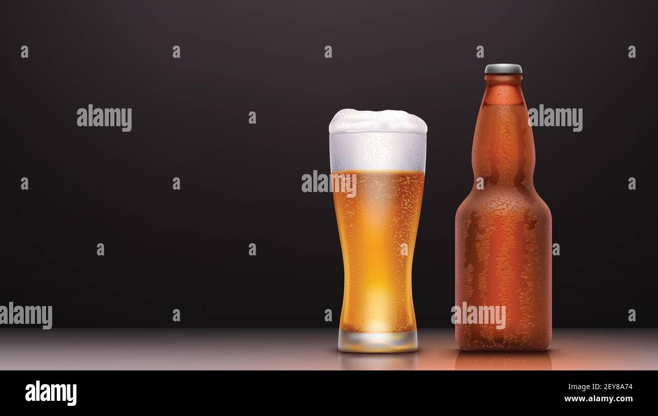 bouteille et verre de bière avec bulles Illustration de Vecteur