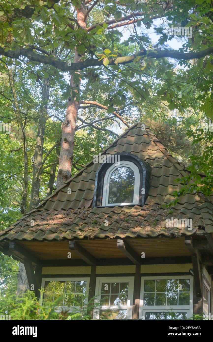 Fenêtre sur le toit de grenier de petite maison privée en forêt. Concept écologique de la vie. Lumière du soleil, mise au point sélective. Banque D'Images