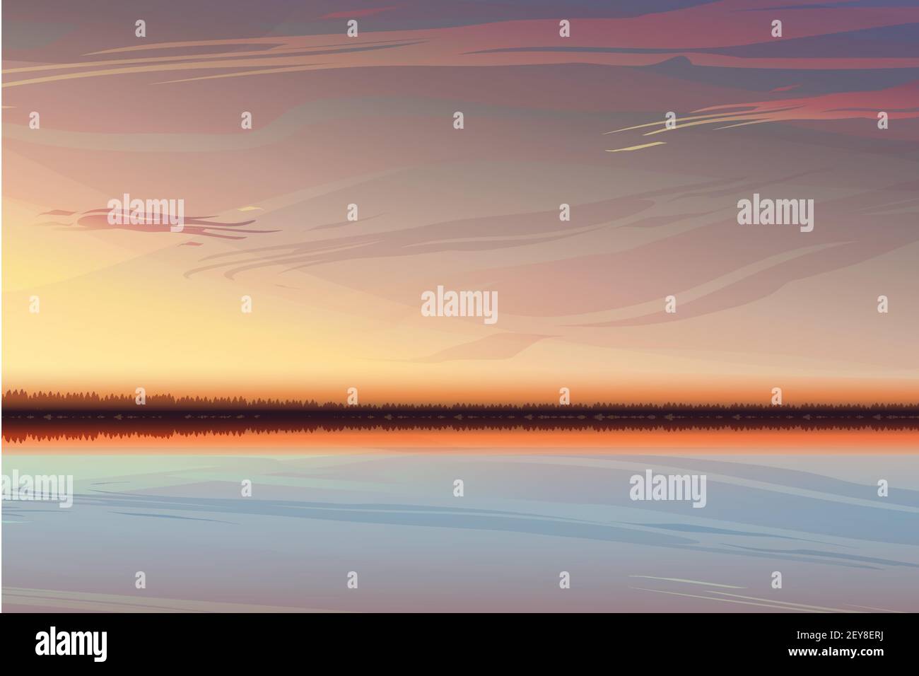 Beau coucher de soleil propre avec ciel jaune-rose chaud. Illustration de Vecteur