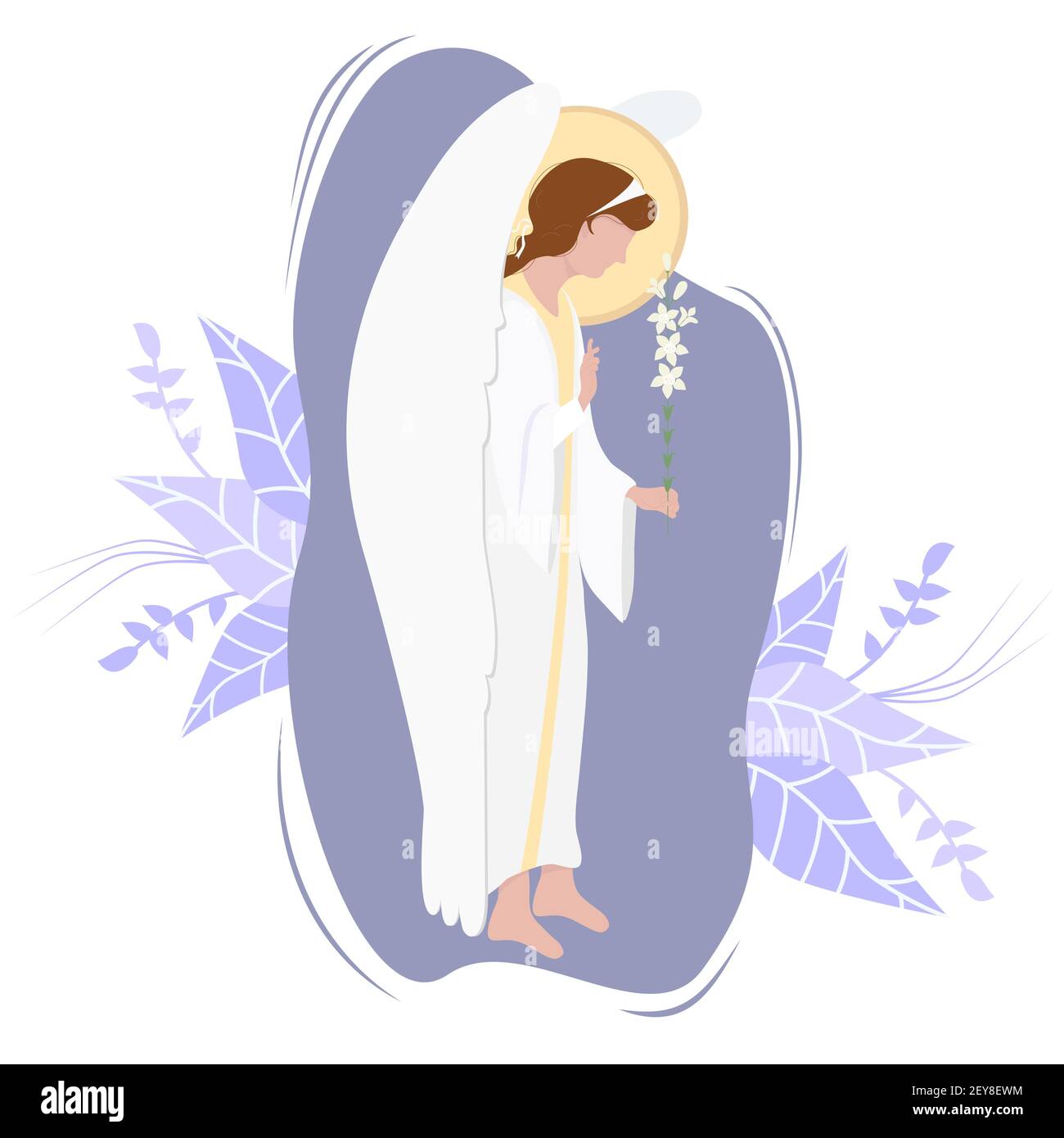 Archange Gabriel avec un nénuphar blanc - messager céleste sur un fond. Vecteur. Religion - catholicisme et orthodoxie. Ange de l'Apocalypse, Fête de Illustration de Vecteur