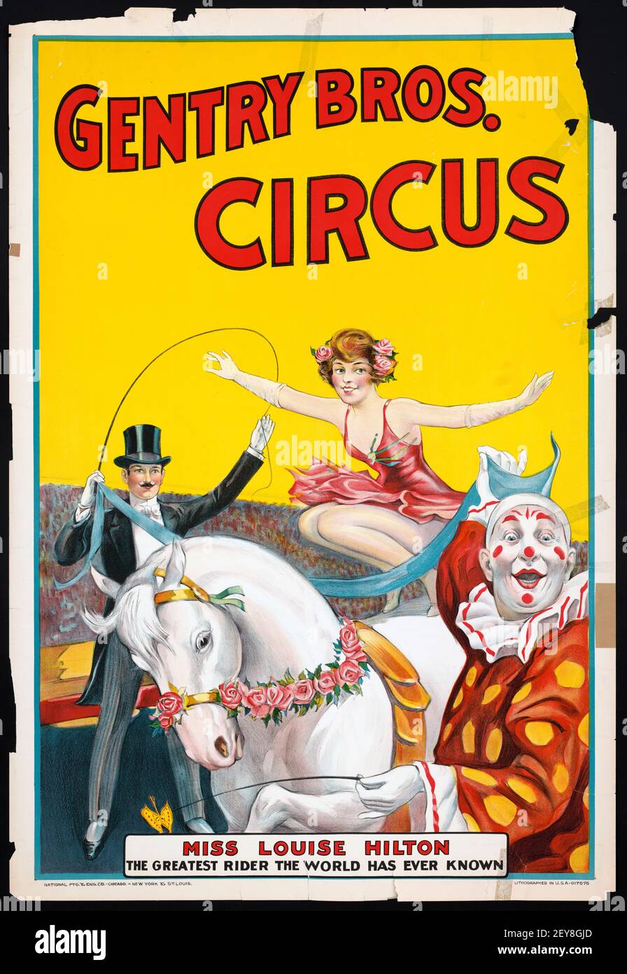 Gentry Bros. Circus. Poster Classic Circus, style ancien et vintage. Exploit. Mlle Louise Hilton le plus grand pilote que le monde ait jamais connu. Banque D'Images