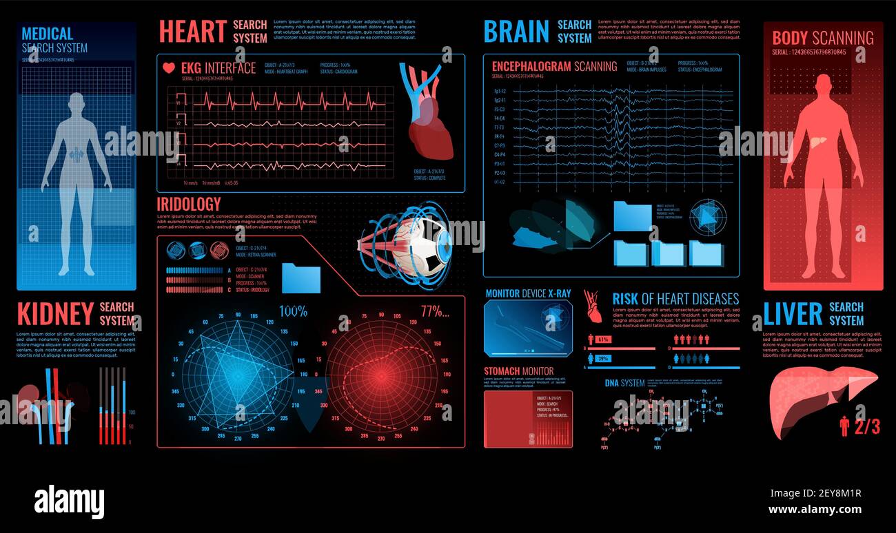 Éléments d'interface médicale sombre avec recherche de rein de cerveau et de coeur symboles du système illustration vectorielle isolée plate Illustration de Vecteur