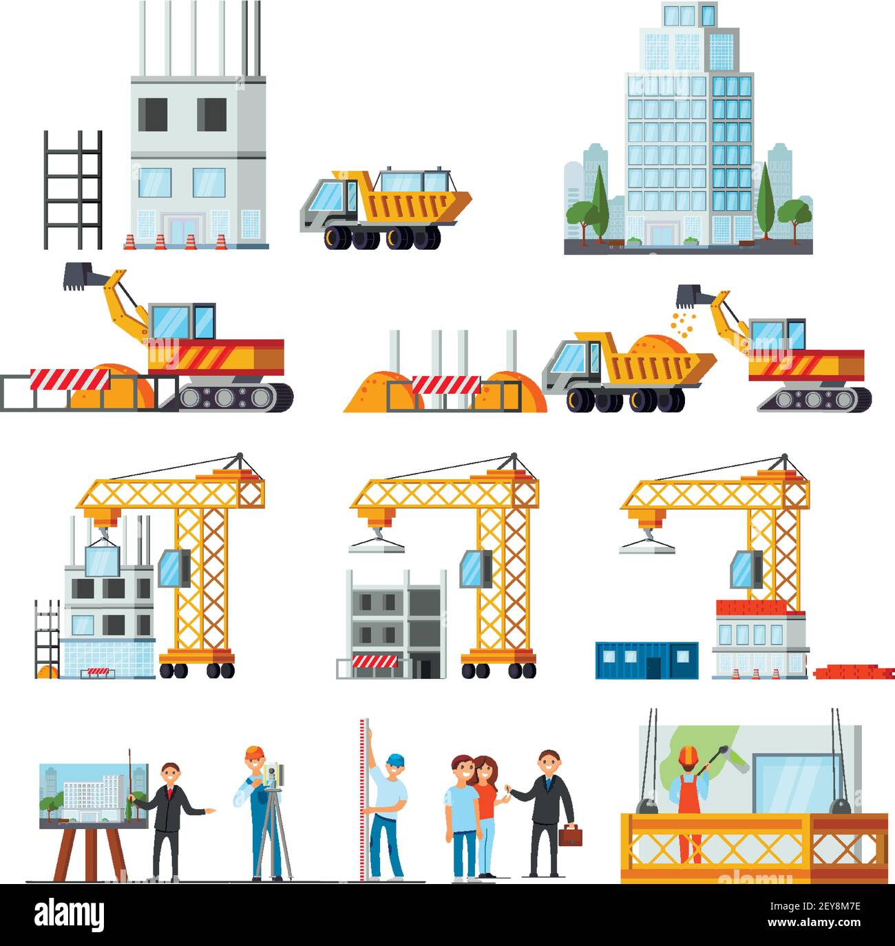 Ensemble de construction de grattoir à ciel d'icônes plates avec des étapes de illustration de vecteur isolé de processus de construction Illustration de Vecteur