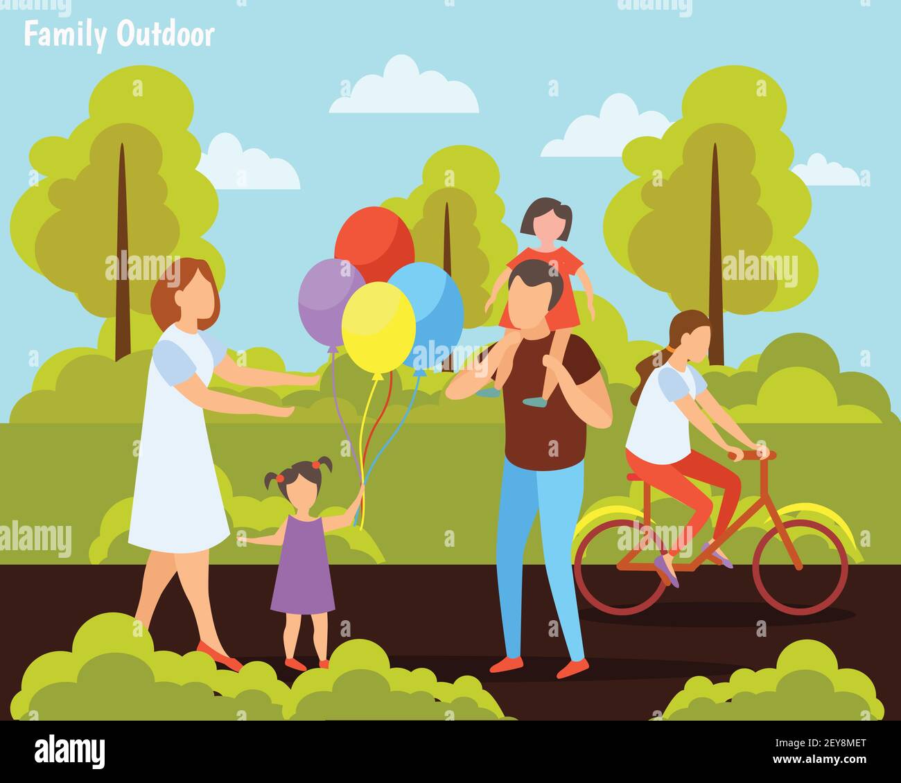 Famille avec enfants activités de week-end d'été composition orthogonale avec vélo illustration vectorielle de jeux en plein air à la campagne Illustration de Vecteur