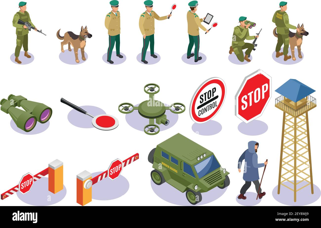 Les icônes isométriques du service des frontières protègent avec des panneaux d'avertissement d'équipement patrouillent illustration vectorielle isolée pour chien et tour de surveillance Illustration de Vecteur