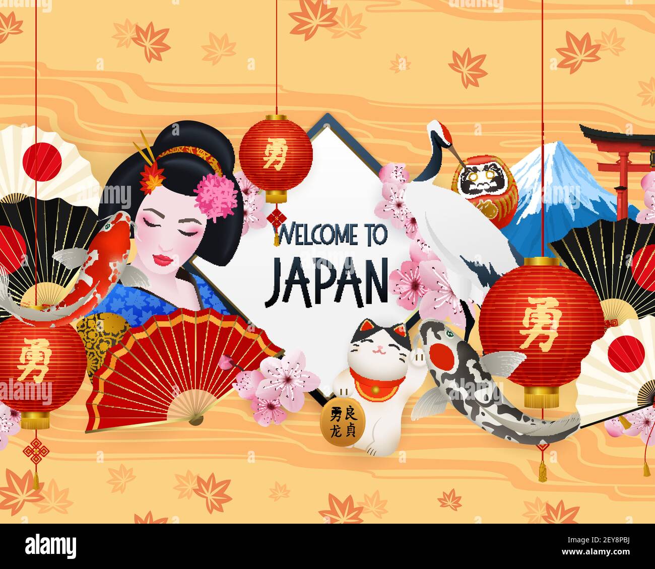 Bienvenue au japon cadre réaliste symboles nationaux composition avec rouge lanterne geisha maneki neko chat illustration vectorielle Illustration de Vecteur