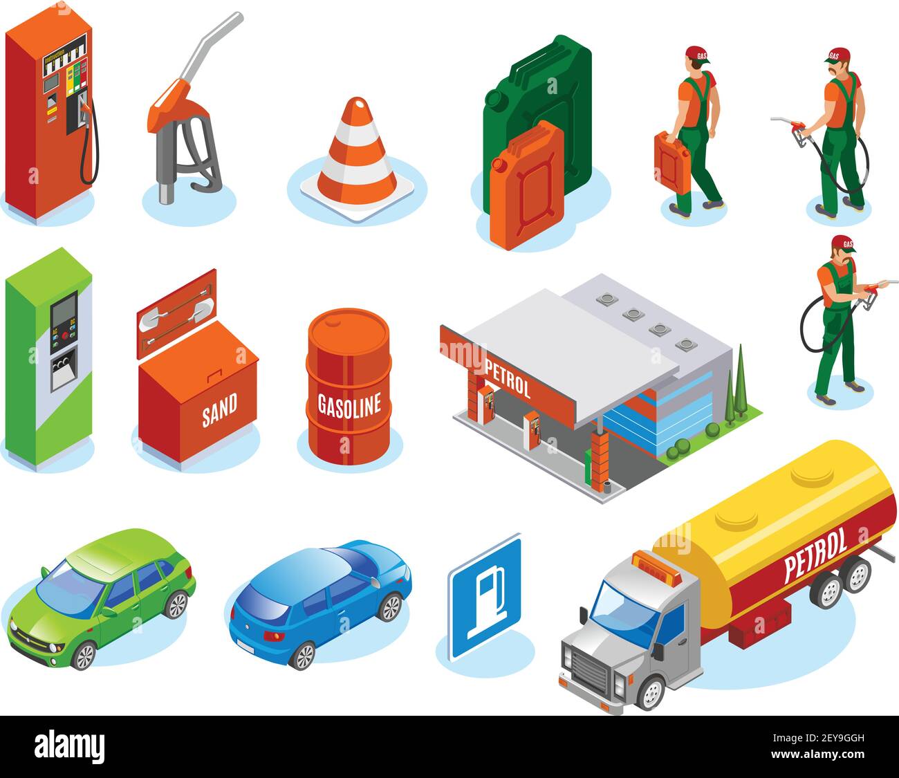 Stations-service remplit la collection Icons isométriques avec des personnages fuelman et illustration vectorielle d'images isolées de voitures et d'unités de ravitaillement Illustration de Vecteur