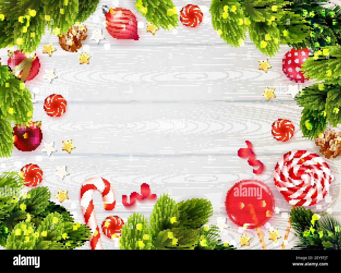 Arrière-plan réaliste de table en bois encadré de branches de sapin bonbons et décorations de noël illustration vectorielle Illustration de Vecteur