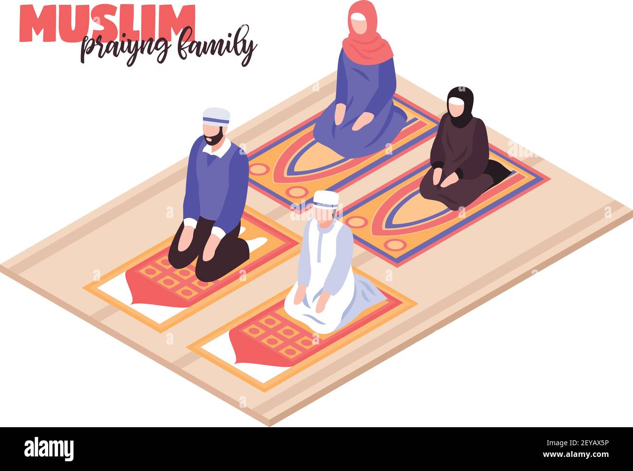 Concept de prière du peuple arabe avec les hommes et les femmes priant isométriques illustration vectorielle Illustration de Vecteur