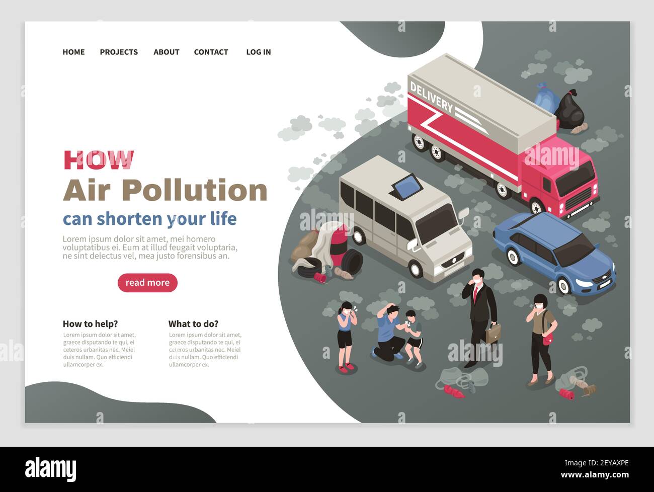 Conception de page de pollution de l'air avec symboles de transport ...