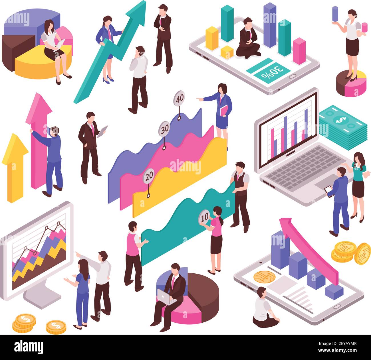 Ensemble d'analystes commerciaux avec diagrammes et diagrammes vecteur isométrique isolé illustration Illustration de Vecteur