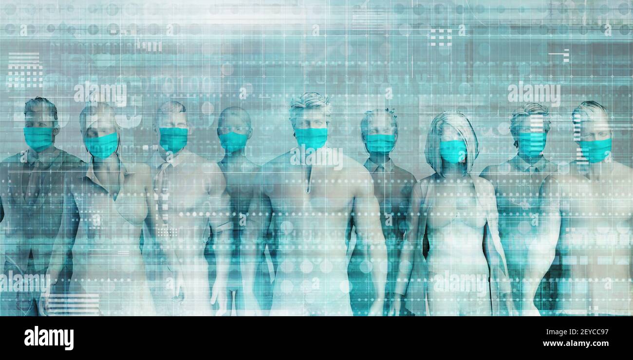 Groupe de personnes portant des masques chirurgicaux debout ensemble prévention et Concept des procédures de sécurité Banque D'Images