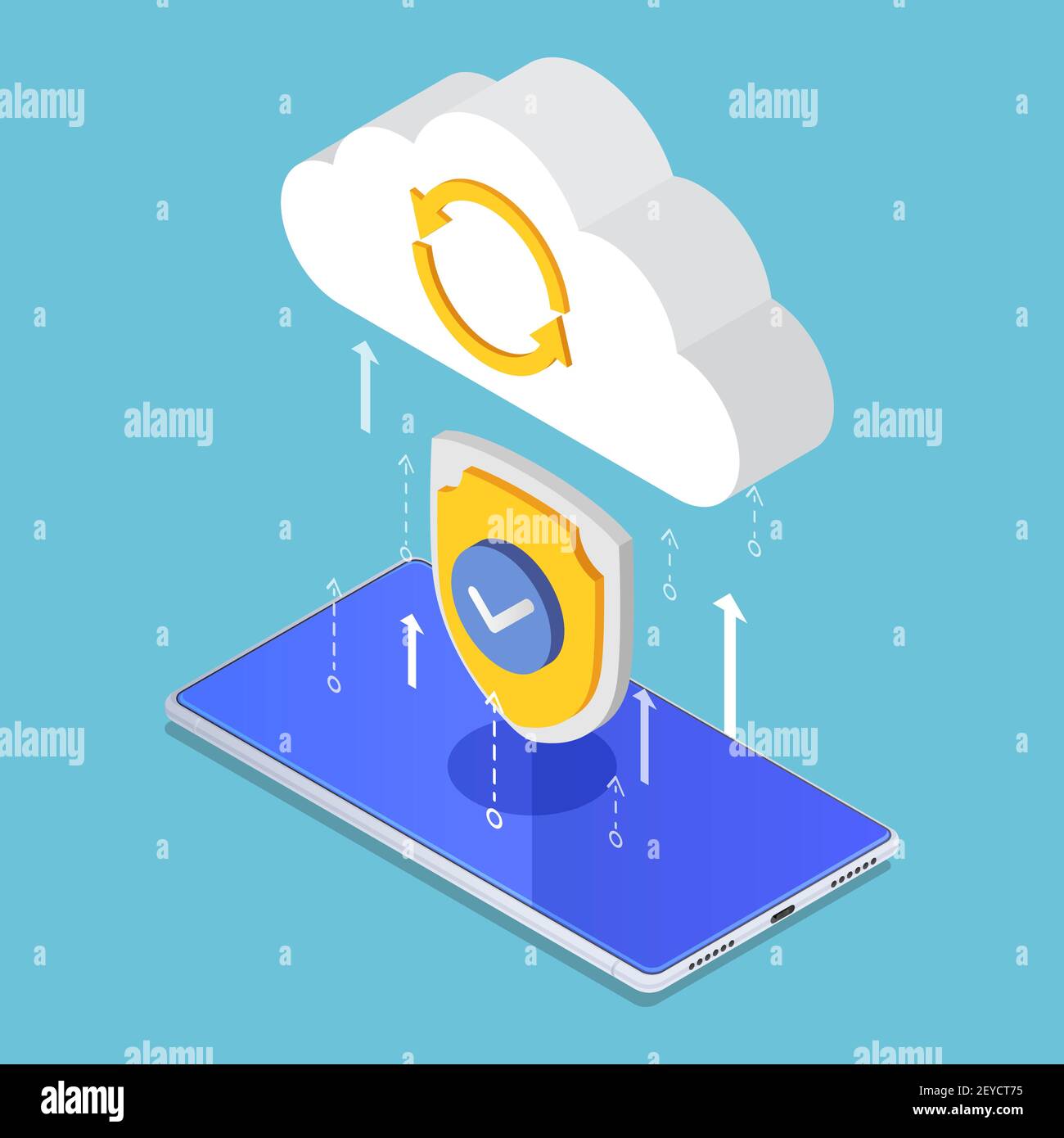 Téléchargement de données Isométrique 3D à plat avec protection par Security Shield. Concept de protection des données et de sécurité du Cloud Computing. Illustration de Vecteur