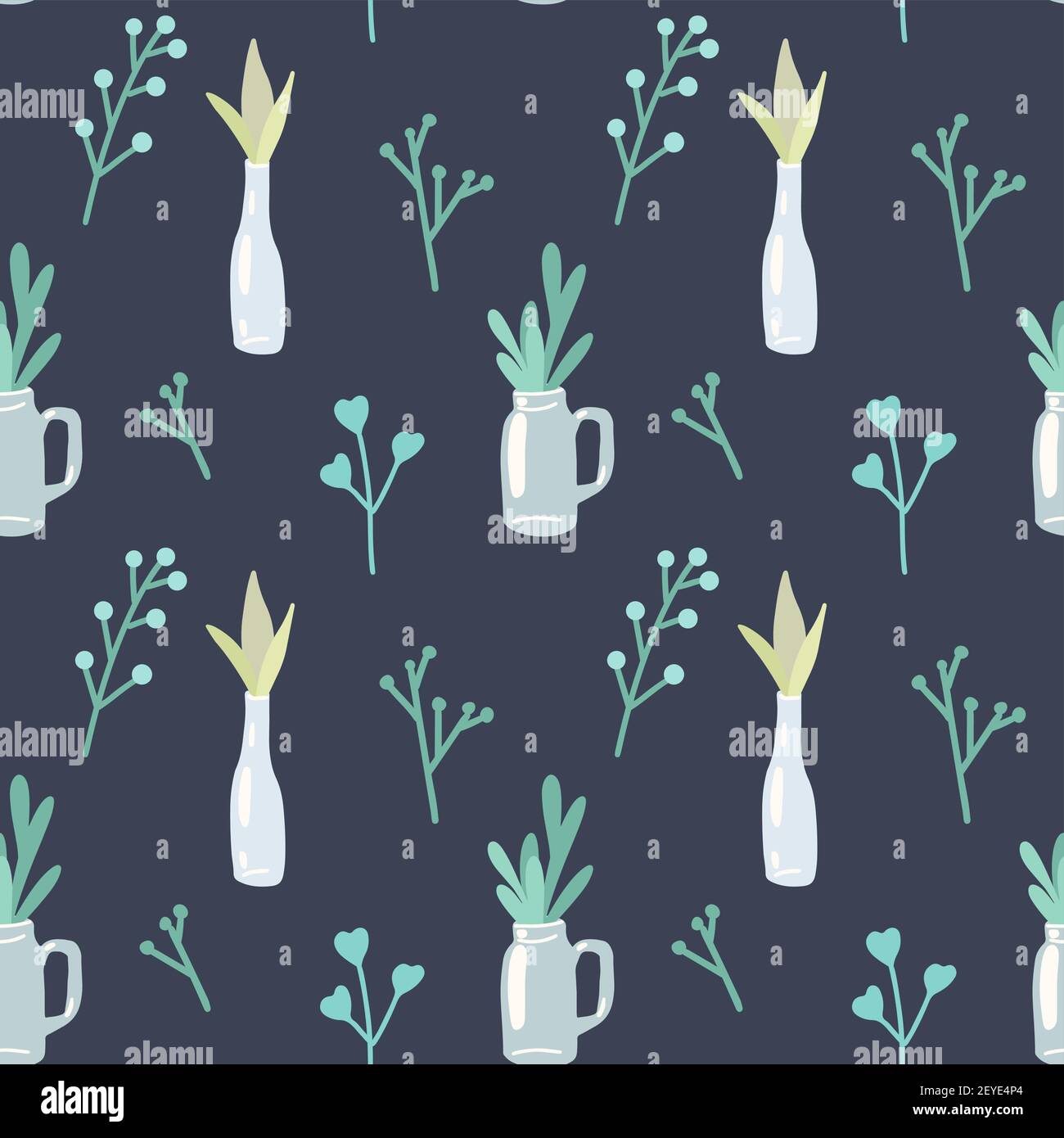 Motif de printemps délicat avec herbes et plantes dans des vases en verre sur fond bleu foncé. Papier peint avec aloès plat, branche et bouteilles. Texture sans couture f Illustration de Vecteur