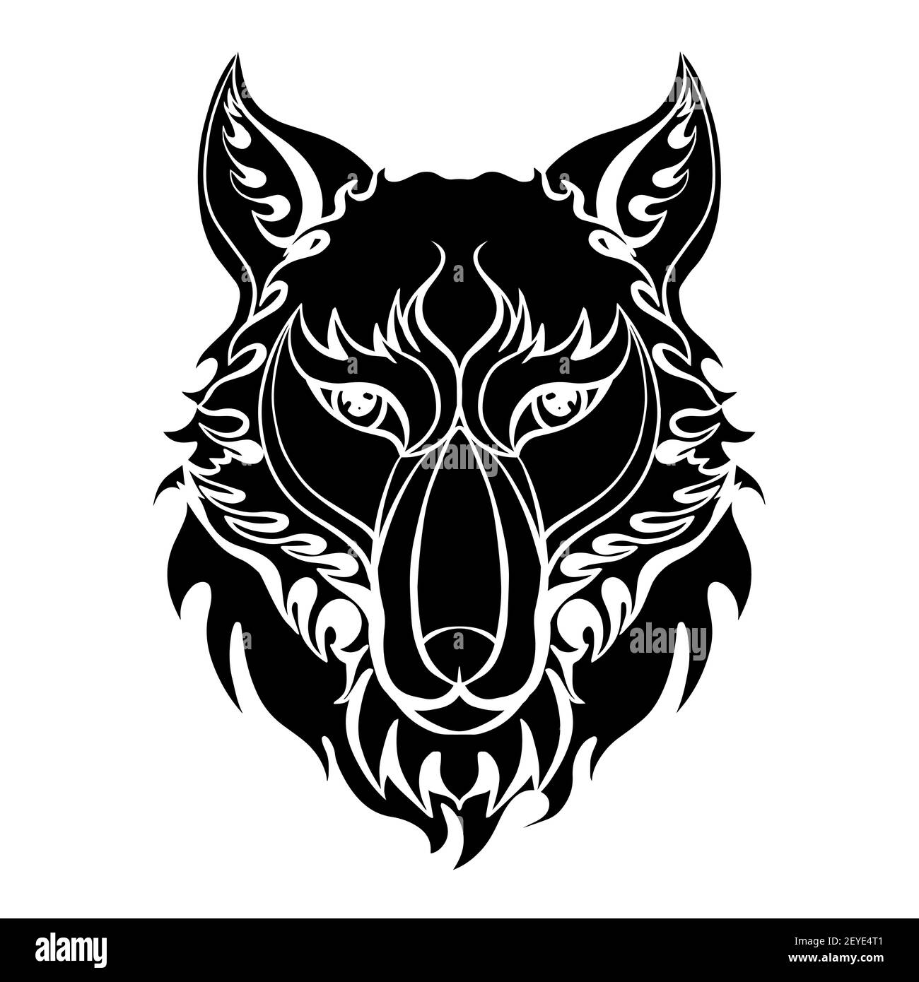 Silhouette noire de la tête de loup vue avant sur fond blanc. Portrait stylisé de la vue avant du redadateur. Esquisse vectorielle pour tatouage, icône, logo et impression o Illustration de Vecteur