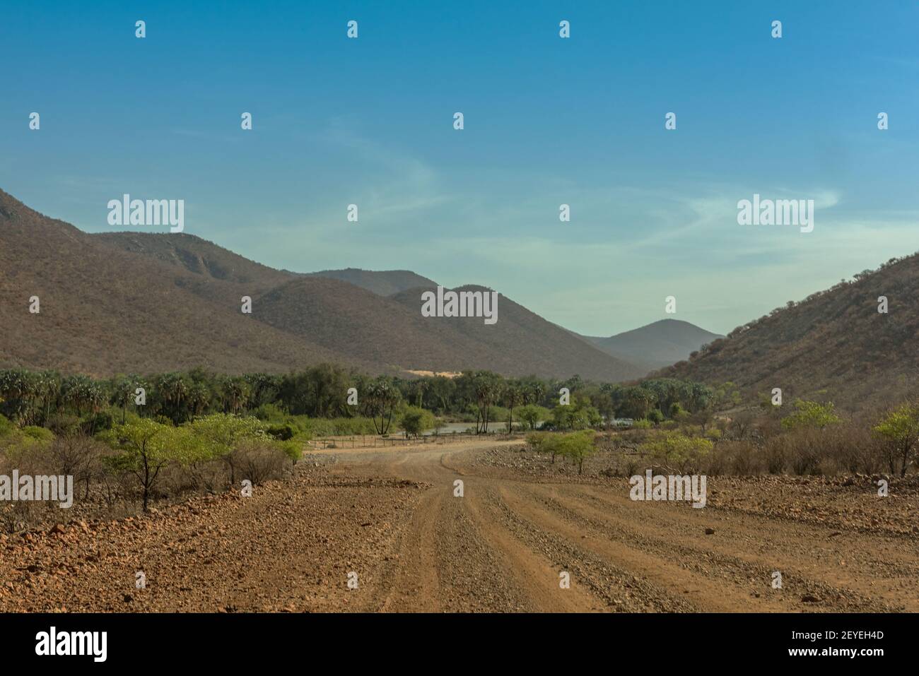 Vue sur le paysage de la rivière Kunene, la rivière frontalière entre la Namibie et l'Angola Banque D'Images